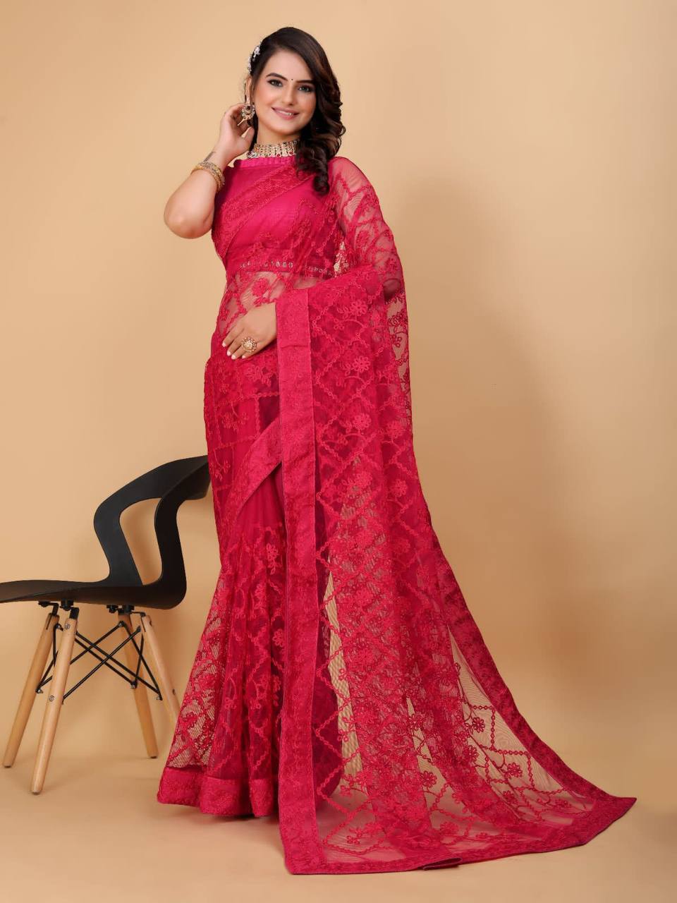 Exquisite Chikankari Soft Net Rani Pink Saree with Mono Banglory Blouse Piece Colorful Saree