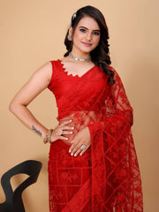 Exquisite Chikankari Soft Net Red Saree with Mono Banglory Blouse Piece Colorful Saree