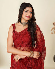 Exquisite Chikankari Soft Net Red Saree with Mono Banglory Blouse Colorful Saree