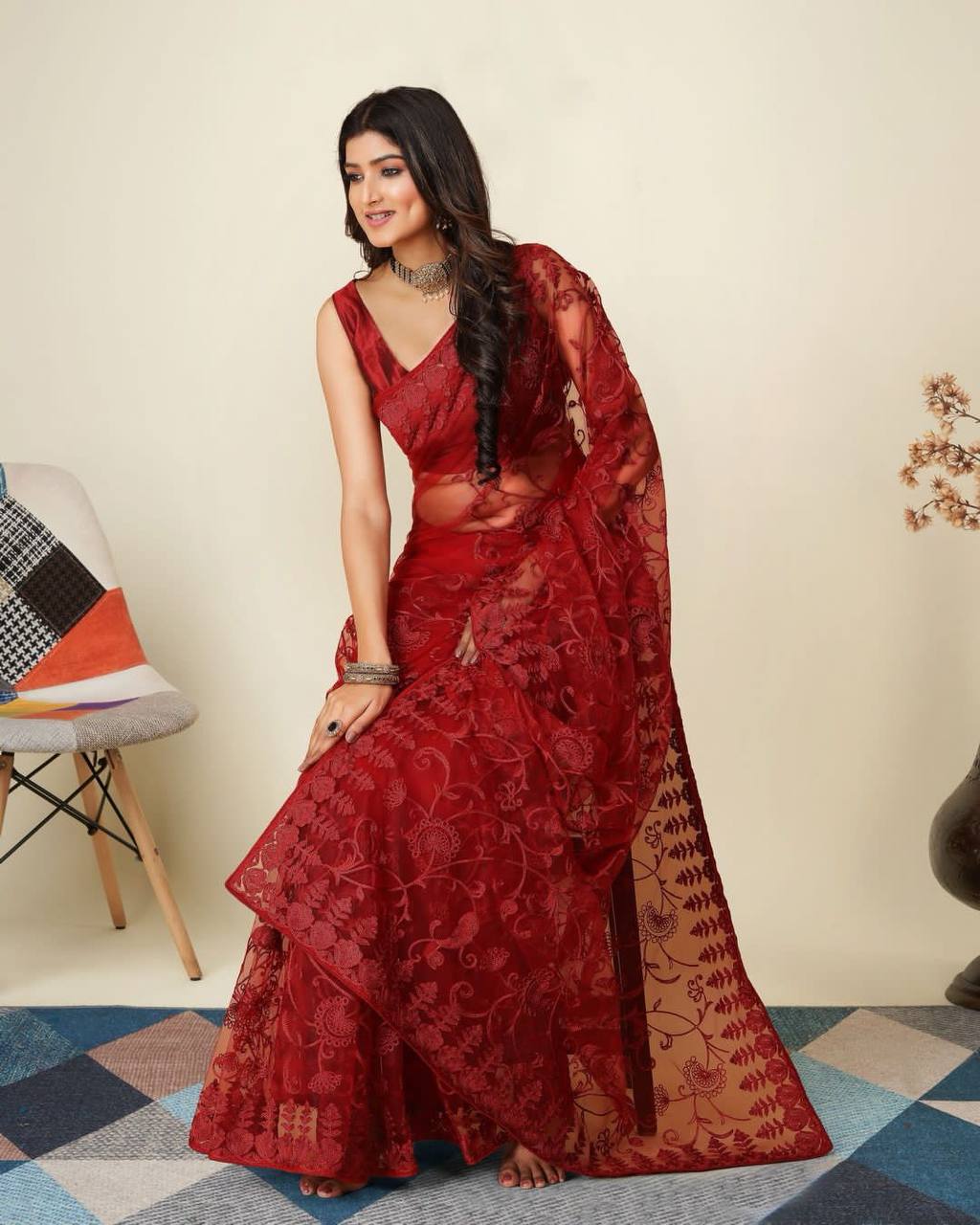 Exquisite Chikankari Soft Net Red Saree with Mono Banglory Blouse Colorful Saree