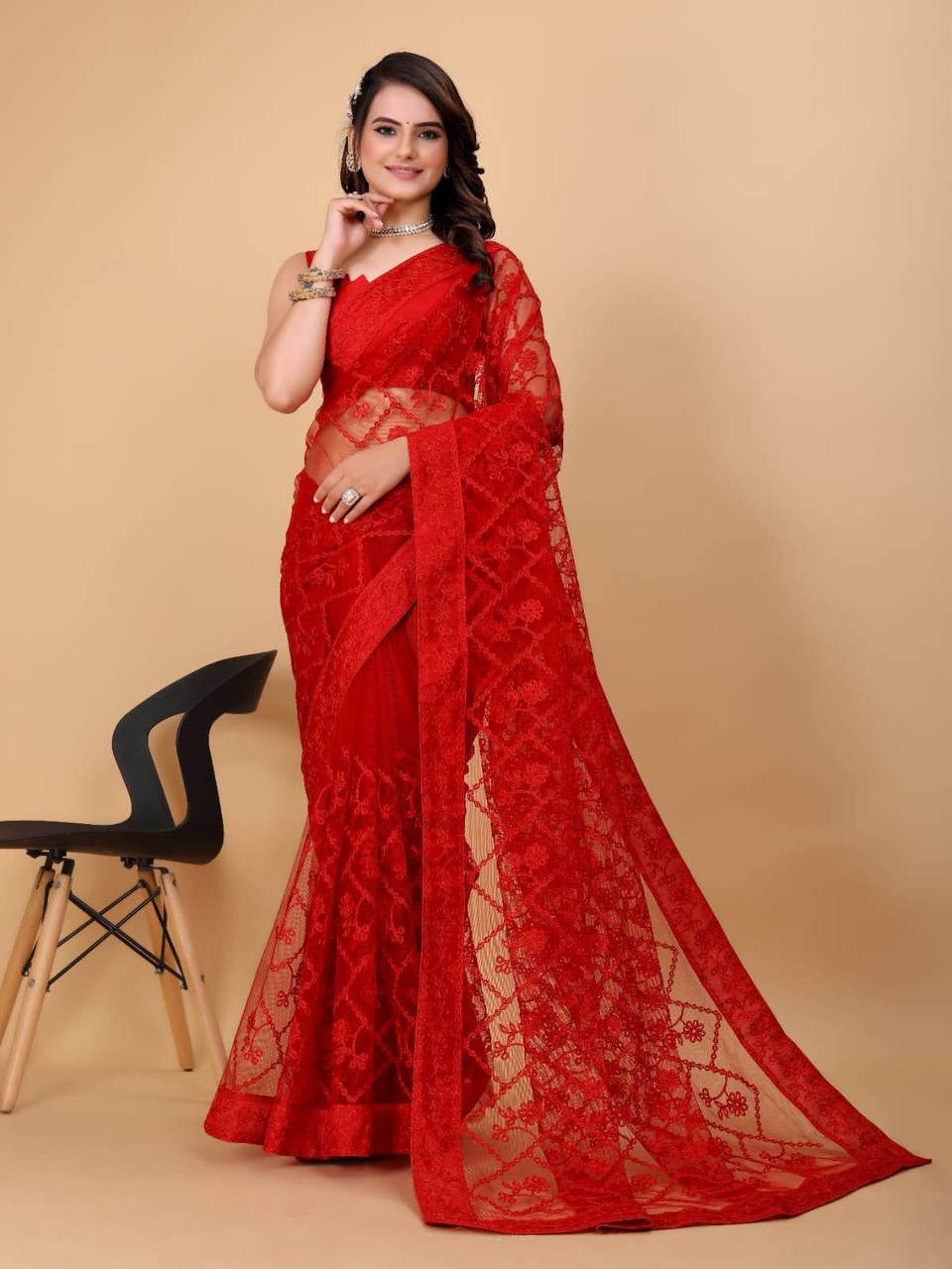 Exquisite Chikankari Soft Net Red Saree with Mono Banglory Blouse Piece Colorful Saree