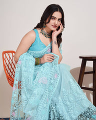 Exquisite Chikankari Soft Net Sky Blue Saree with Mono Banglory Blouse Piece Colorful Saree