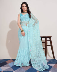 Exquisite Chikankari Soft Net Sky Blue Saree with Mono Banglory Blouse Piece Colorful Saree