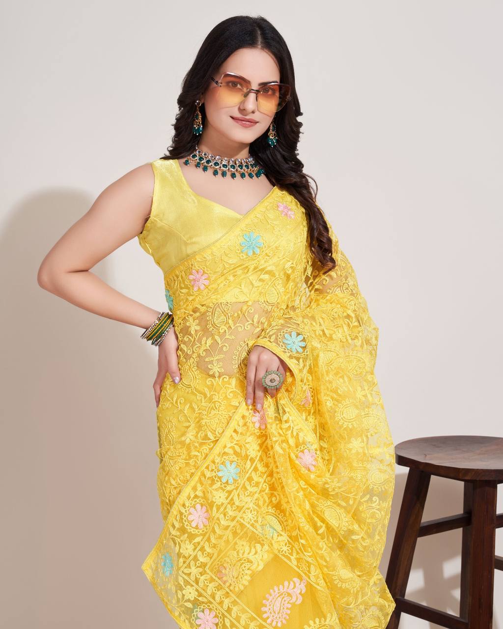 Exquisite Chikankari Soft Net Yellow Saree with Mono Banglory Blouse Piece Colorful Saree