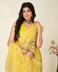 Exquisite Chikankari Soft Net Yellow Saree with Mono Banglory Blouse Colorful Saree