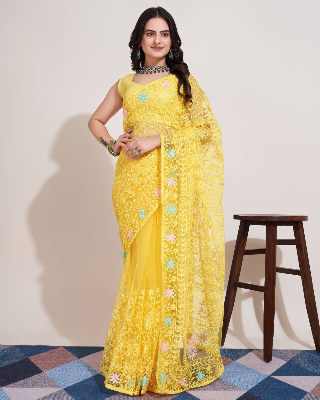 Exquisite Chikankari Soft Net Yellow Saree with Mono Banglory Blouse Piece Colorful Saree