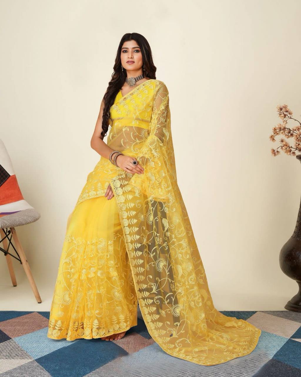 Exquisite Chikankari Soft Net Yellow Saree with Mono Banglory Blouse Colorful Saree