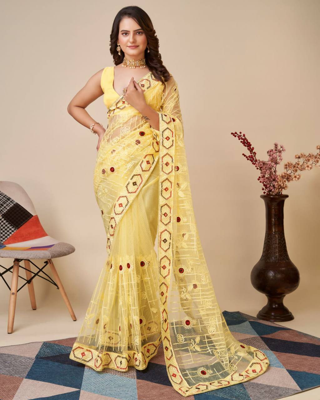 Exquisite Chikankari Yellow Saree - Soft Net with Mono Banglory Blouse Colorful Saree