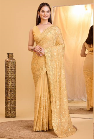 Exquisite Copper Sequin Embroidered Taby Organza Silk Chikkoo Color Saree with Blouse Piece Colorful Saree