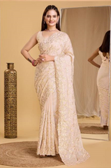 Exquisite Copper Sequin Embroidered Taby Organza Silk  Cream Saree with Blouse Piece Colorful Saree