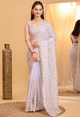 Exquisite Copper Sequin Embroidered Taby Organza Silk Lavender Saree with Blouse Piece Colorful Saree