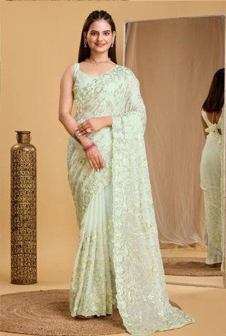 Exquisite Copper Sequin Embroidered Taby Organza Silk Mint Green Saree with Blouse Piece Colorful Saree