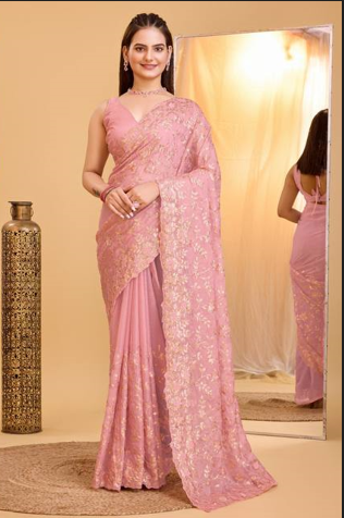 Exquisite Copper Sequin Embroidered Taby Organza Silk Peach Saree with Blouse Piece Colorful Saree