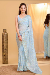 Exquisite Copper Sequin Embroidered Taby Organza Silk Sky Blue Saree with Blouse Piece Colorful Saree