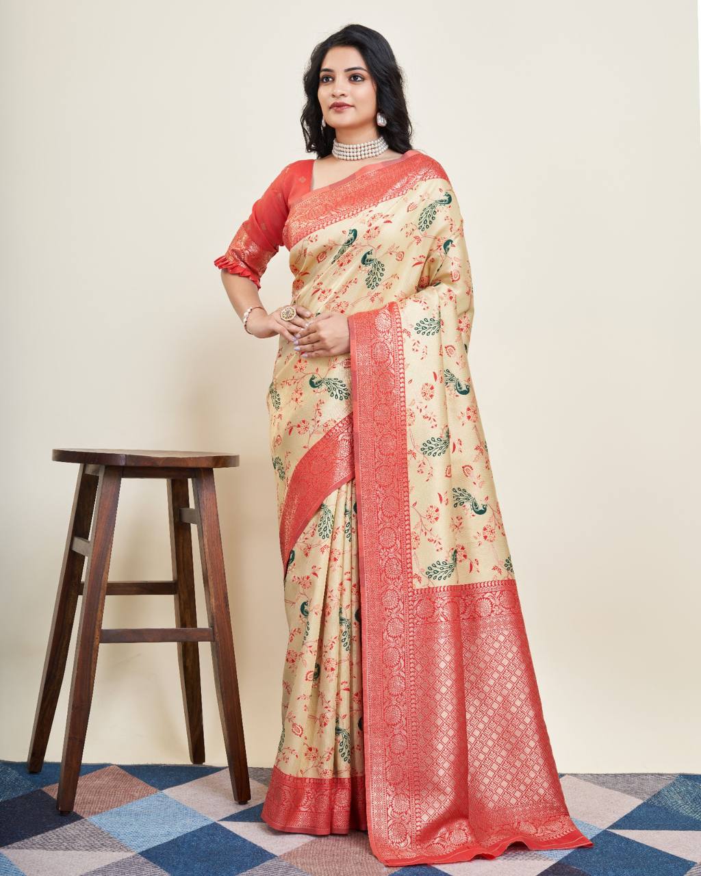 Exquisite Designer Cream Saree in Soft Banarasi Silk with Jacquard & Rich Pallu Colorful Saree