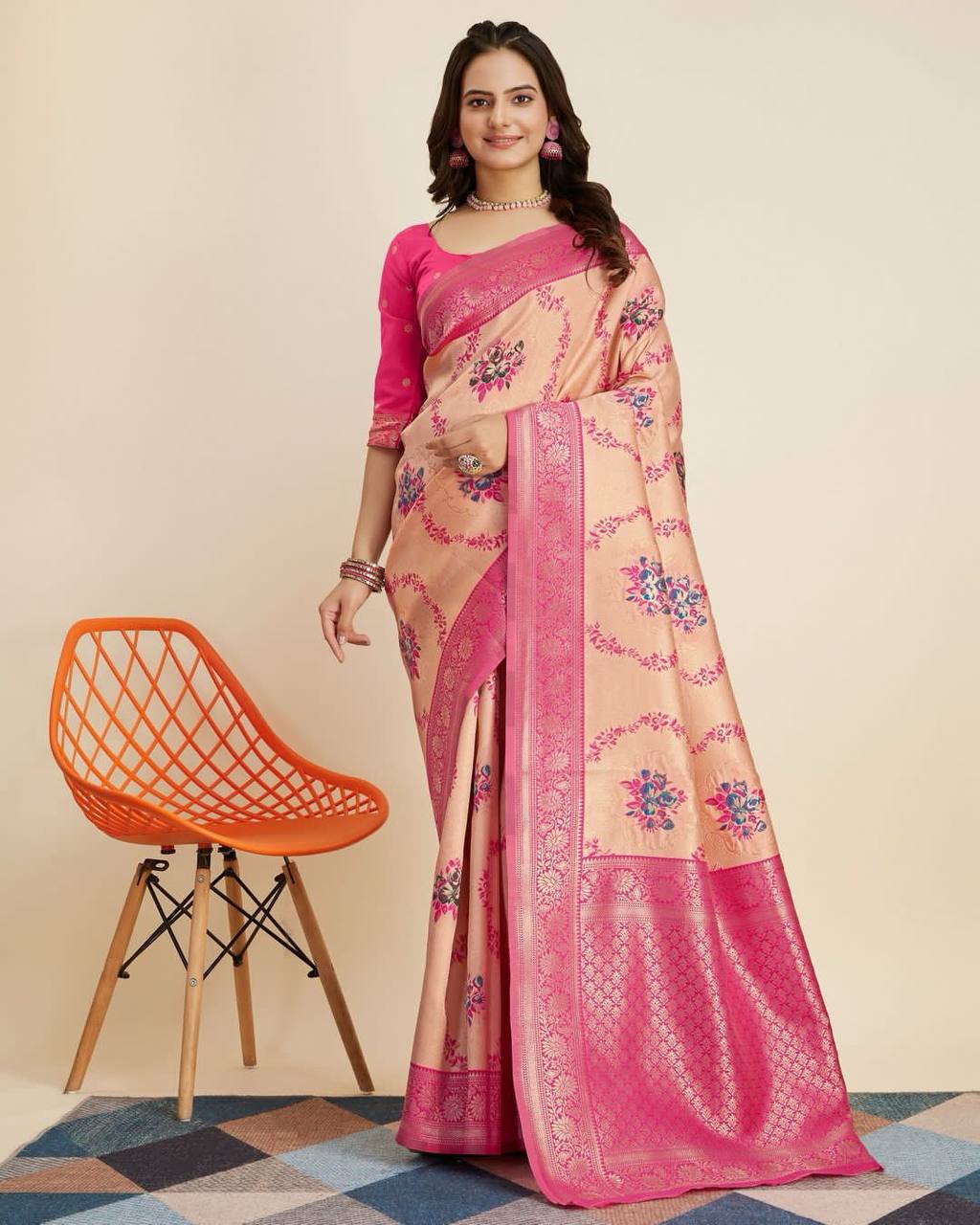 Exquisite Designer Kanjivaram Silk Cream Saree with Intricate Jacquard Work Colorful Saree