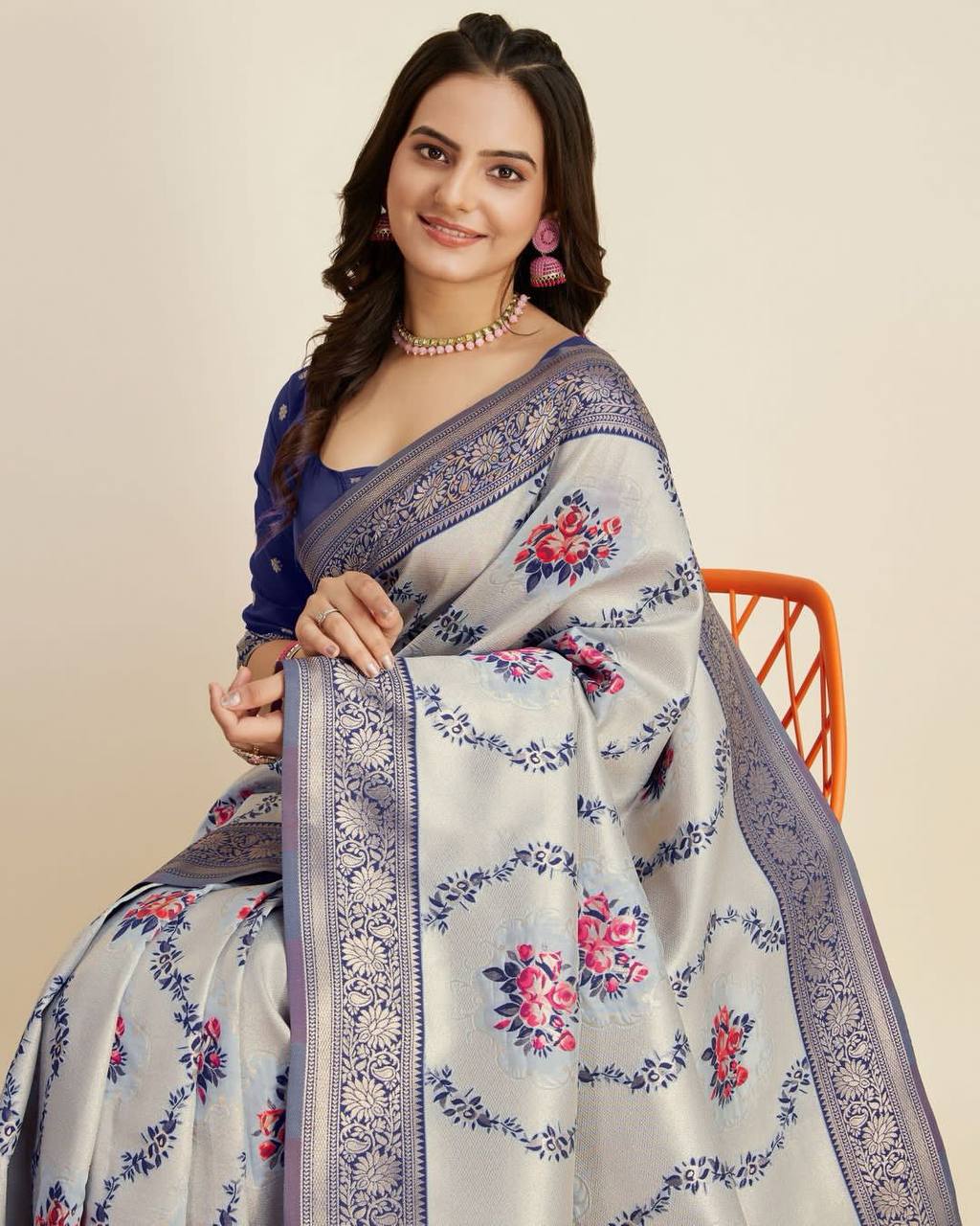 Exquisite Designer Kanjivaram Silk Grey Saree with Intricate Jacquard Work Colorful Saree