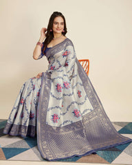 Exquisite Designer Kanjivaram Silk Grey Saree with Intricate Jacquard Work Colorful Saree