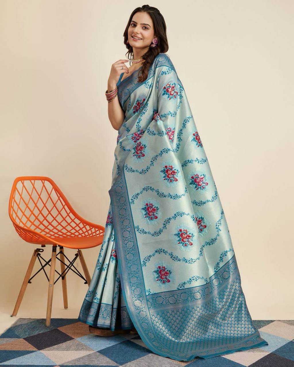 Exquisite Designer Kanjivaram Silk Sky Blue Saree with Intricate Jacquard Work Colorful Saree