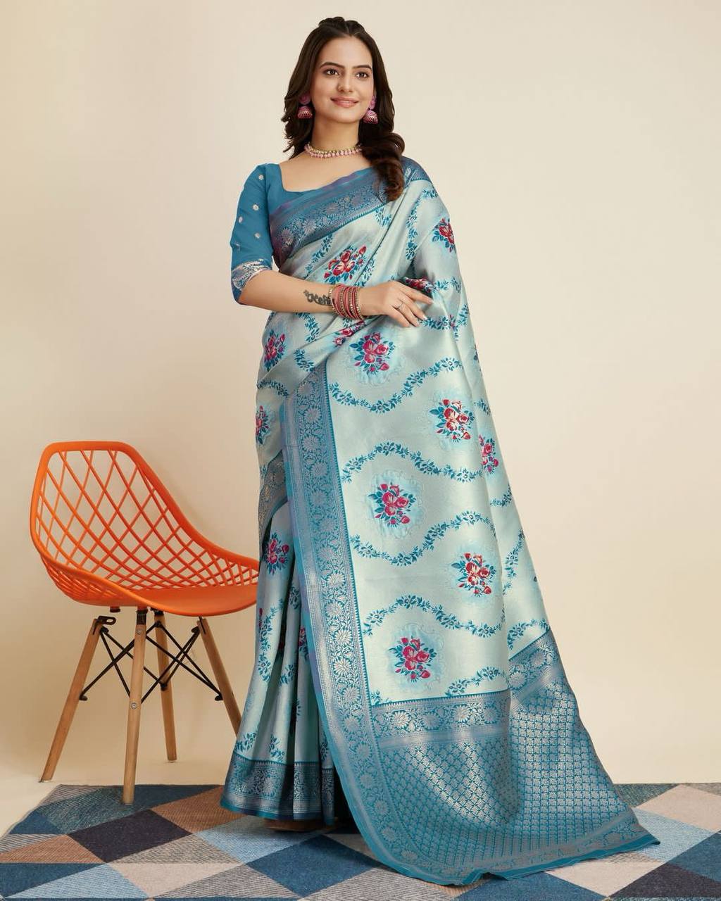 Exquisite Designer Kanjivaram Silk Sky Blue Saree with Intricate Jacquard Work Colorful Saree