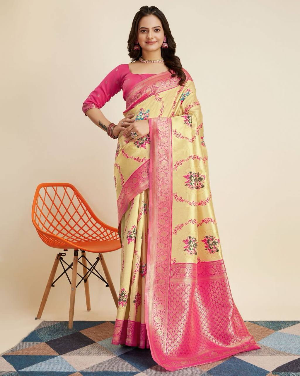 Exquisite Designer Kanjivaram Silk Yellow Saree with Intricate Jacquard Work Colorful Saree