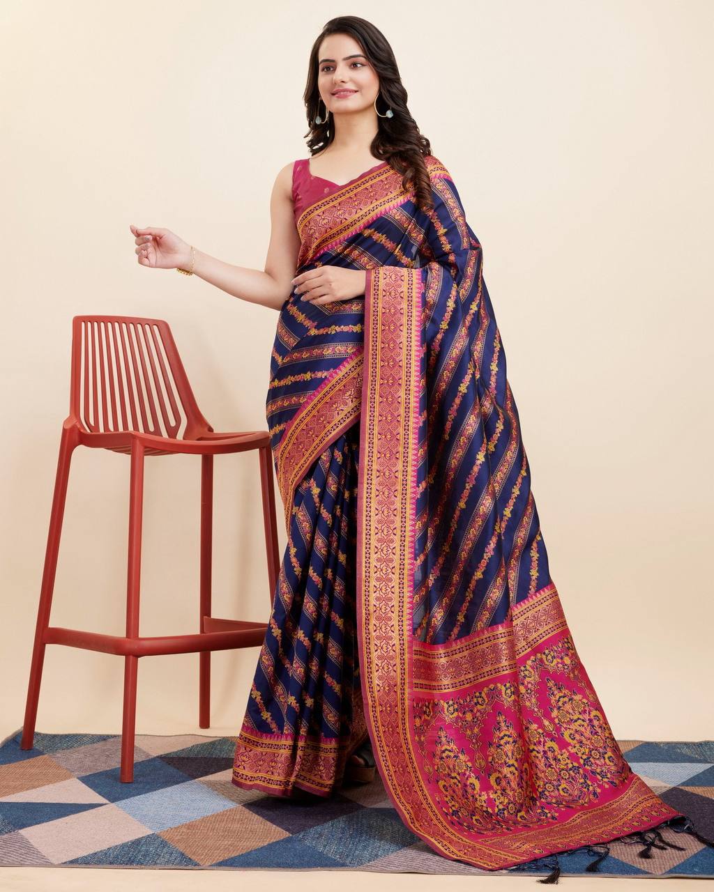 Exquisite Designer Soft Banarasi Silk Navy Blue Saree with Jacquard Work & Rich Pallu Colorful Saree