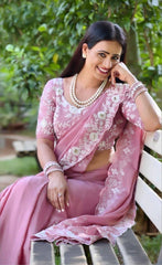 Exquisite Embroidered Pure Chinon Silk Saree Colorful Saree