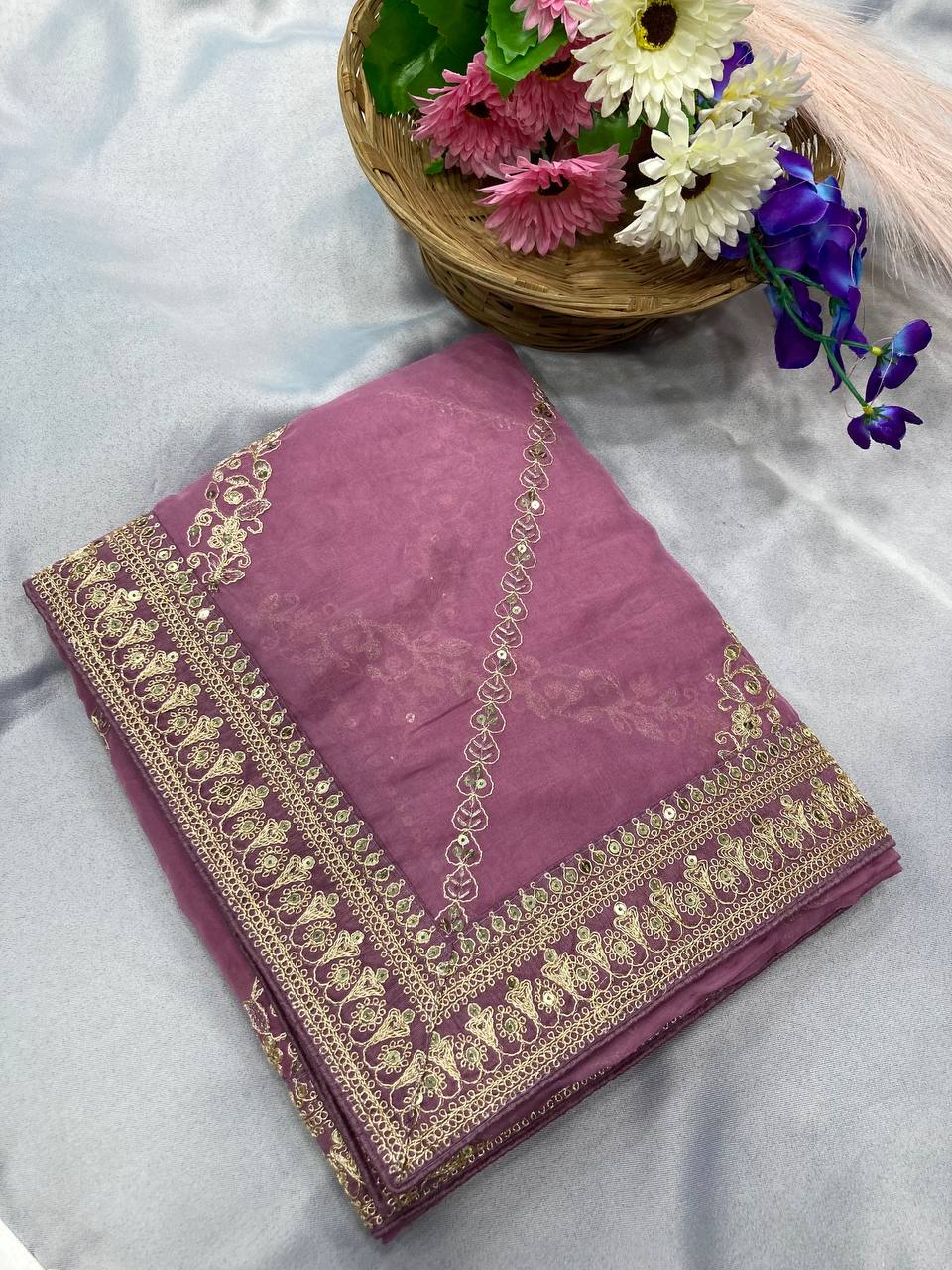 Exquisite Embroidered Taby Silk Baby Pink Saree with Breathtaking Sequence Work Blouse Colorful Saree