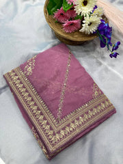 Exquisite Embroidered Taby Silk Baby Pink Saree with Breathtaking Sequence Work Blouse Colorful Saree