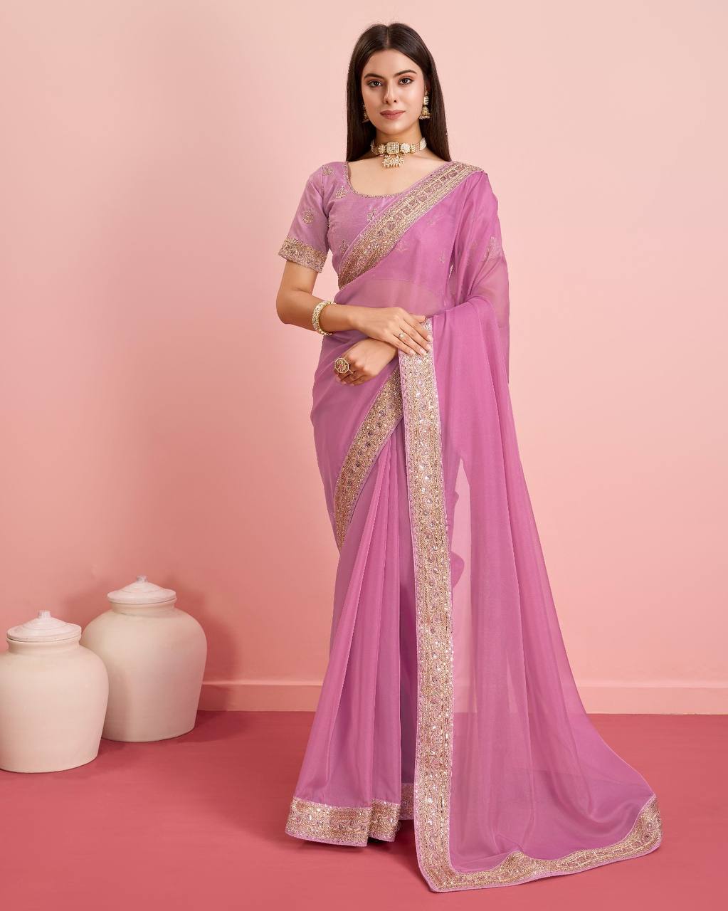 Exquisite Embroidered Taby Silk Organza Baby Pink Saree Colorful Saree