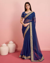 Exquisite Embroidered Taby Silk Organza Dark Blue Saree Colorful Saree