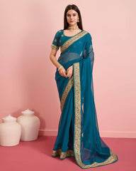 Exquisite Embroidered Taby Silk Organza Navy Blue Saree Colorful Saree