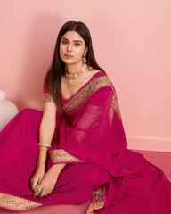 Exquisite Embroidered Taby Silk Organza Rani Pink Saree Colorful Saree