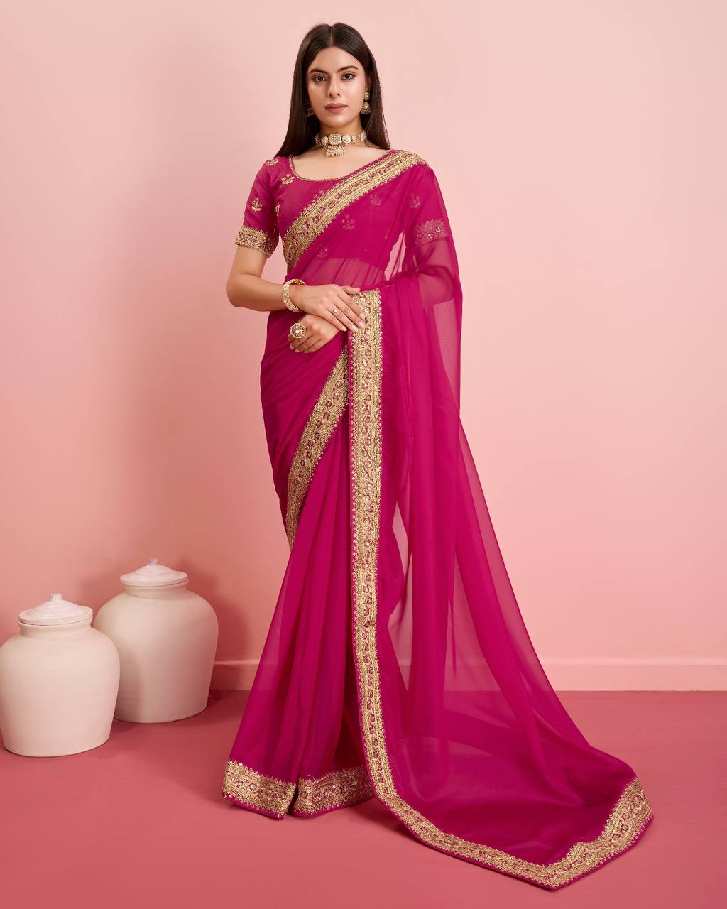 Exquisite Embroidered Taby Silk Organza Rani Pink Saree Colorful Saree