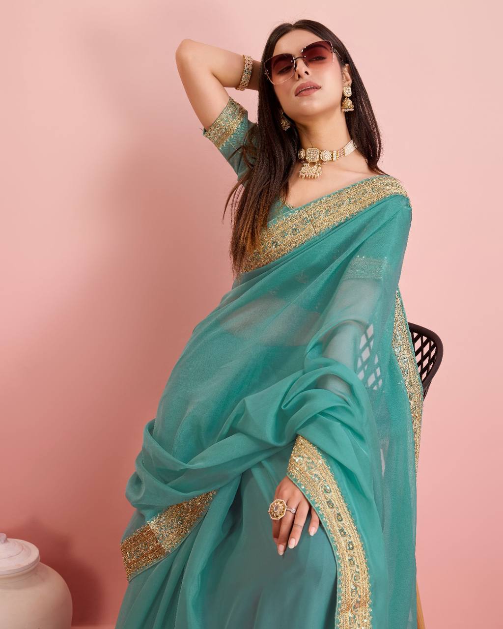 Exquisite Embroidered Taby Silk Organza Sky Blue Saree Colorful Saree