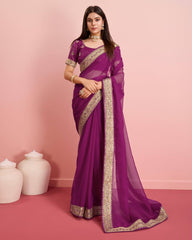 Exquisite Embroidered Taby Silk Organza Wine Saree Colorful Saree