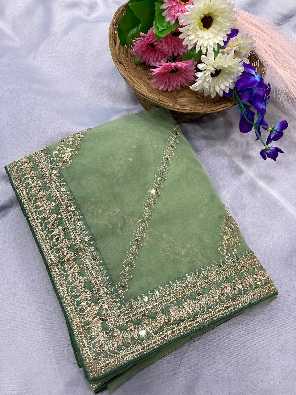 Exquisite Embroidered Taby Silk Pista Green Saree with Breathtaking Sequence Work Blouse Colorful Saree