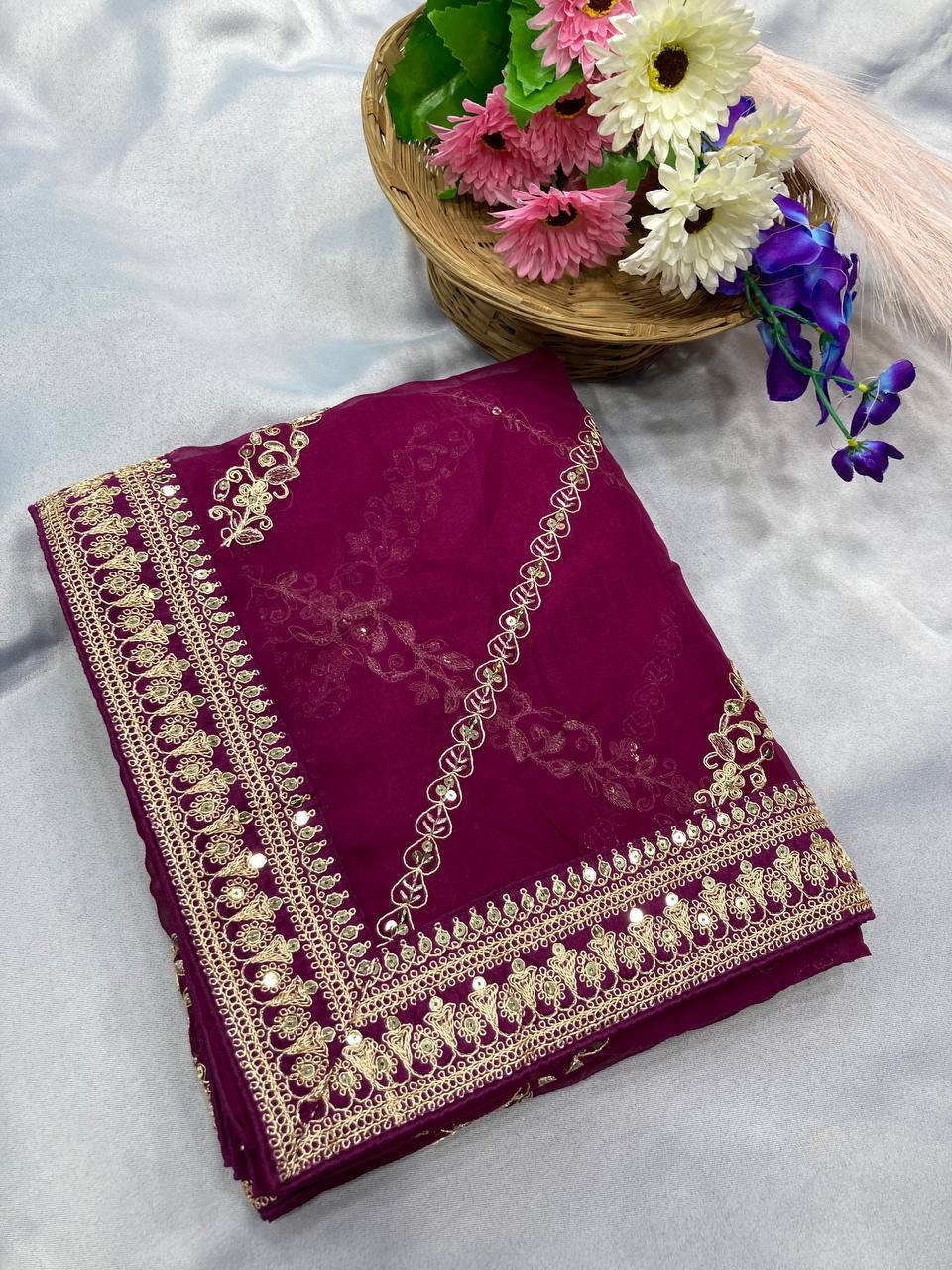 Exquisite Embroidered Taby Silk Wine Saree with Breathtaking Sequence Work Blouse Colorful Saree