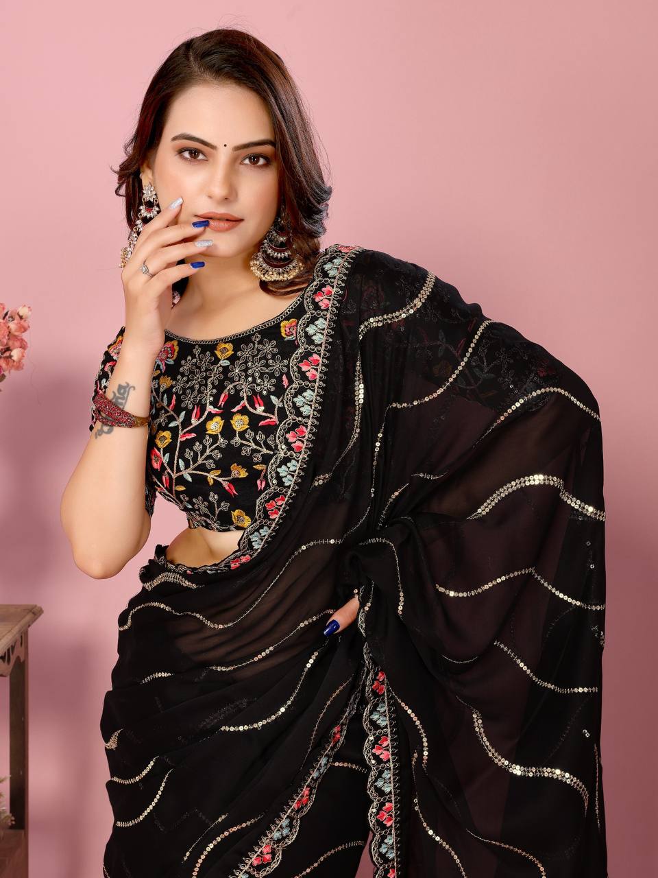 Exquisite Embroidered Wedding Black Saree in Premium Rangoli Silk Colorful Saree