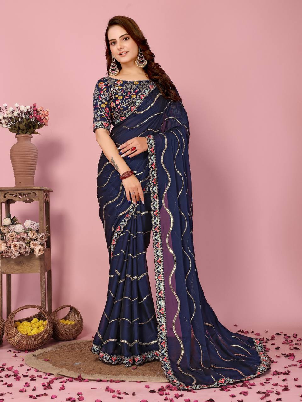 Exquisite Embroidered Wedding Navy Blue Saree in Premium Rangoli Silk Colorful Saree