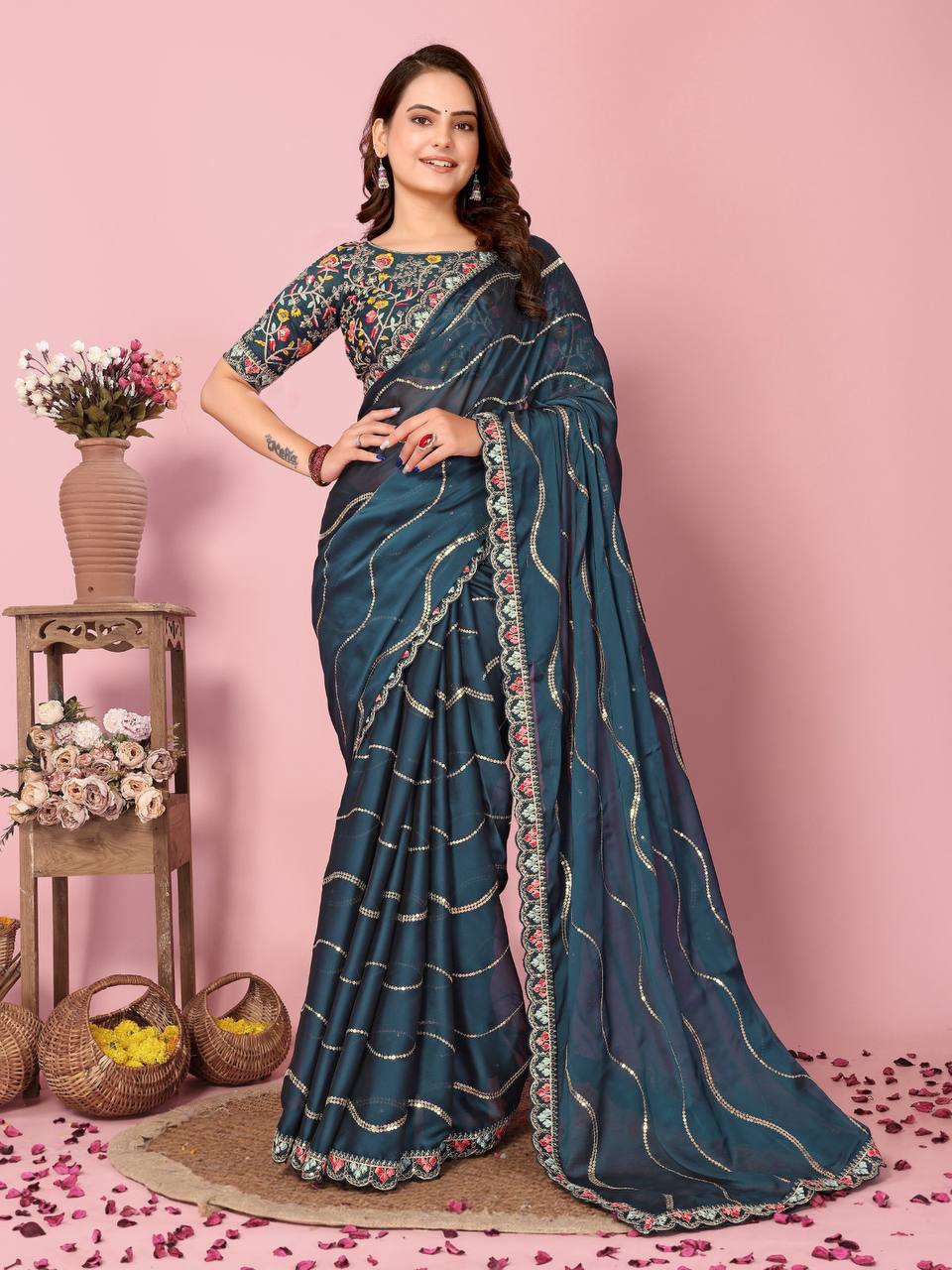 Exquisite Embroidered Wedding Teal Blue Saree in Premium Rangoli Silk Colorful Saree