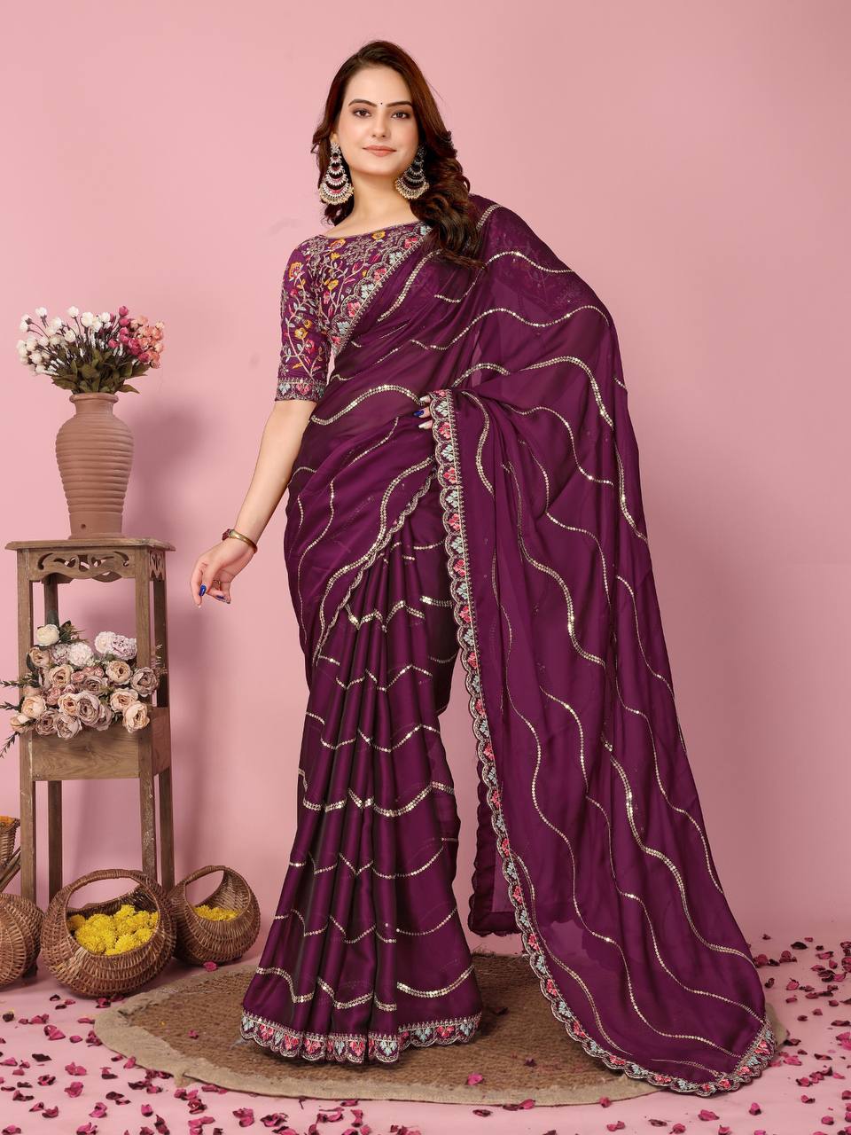 Exquisite Embroidered Wedding Wine Saree in Premium Rangoli Silk Colorful Saree