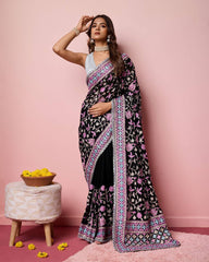 Exquisite Georgette Black Saree with Kashmiri Embroidery & Mono Banglory Silk Blouse Colorful Saree