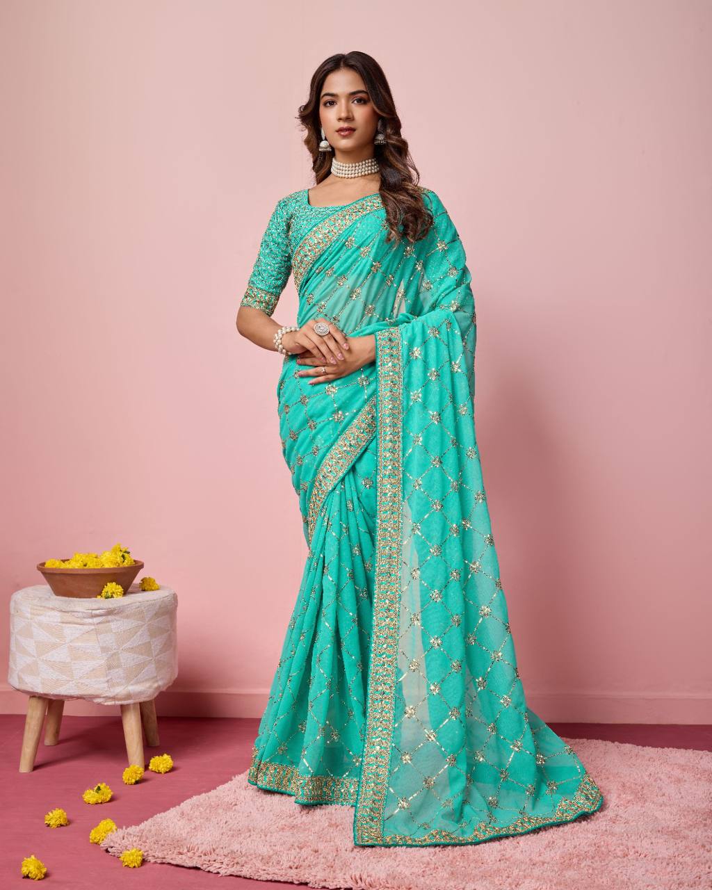 Exquisite Georgette Blue Saree with Sequin Work and Mono Banglory Silk Blouse Colorful Saree