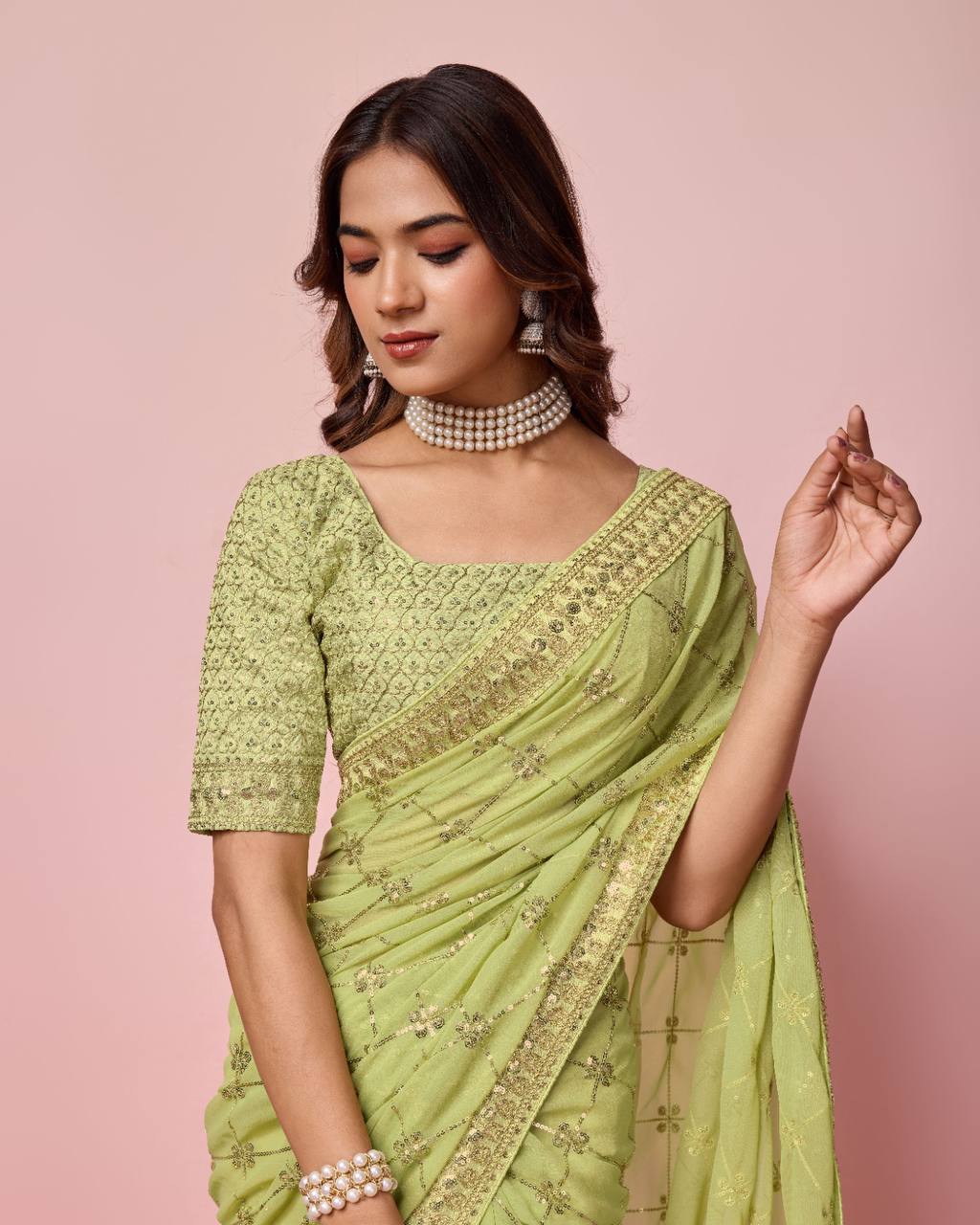 Exquisite Georgette Green Saree with Sequin Work and Mono Banglory Silk Blouse Colorful Saree