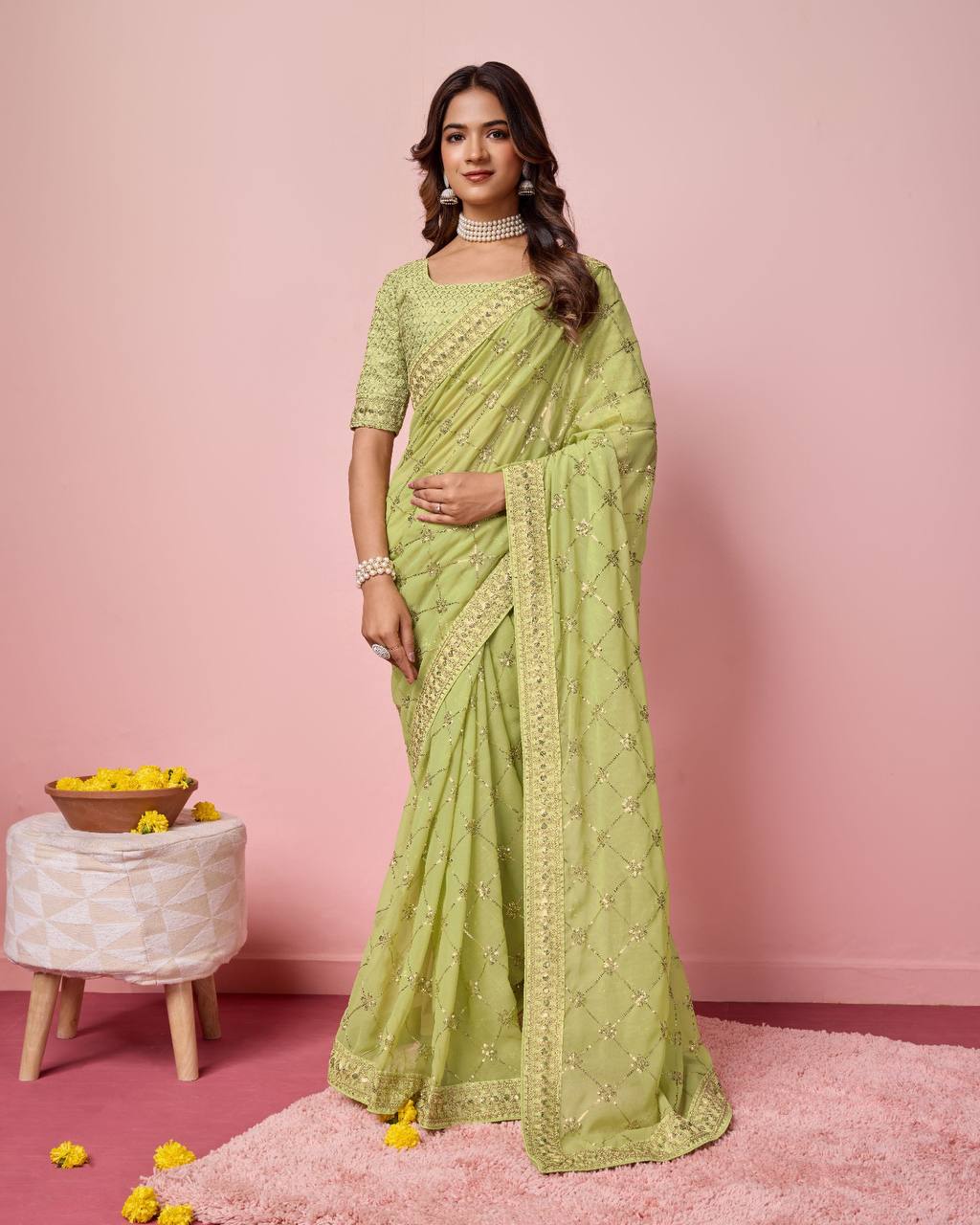 Exquisite Georgette Green Saree with Sequin Work and Mono Banglory Silk Blouse Colorful Saree