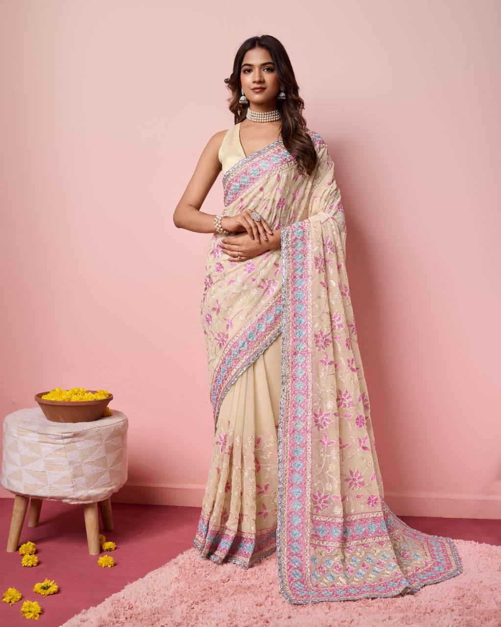 Exquisite Georgette Off White Saree with Kashmiri Embroidery & Mono Banglory Silk Blouse Colorful Saree