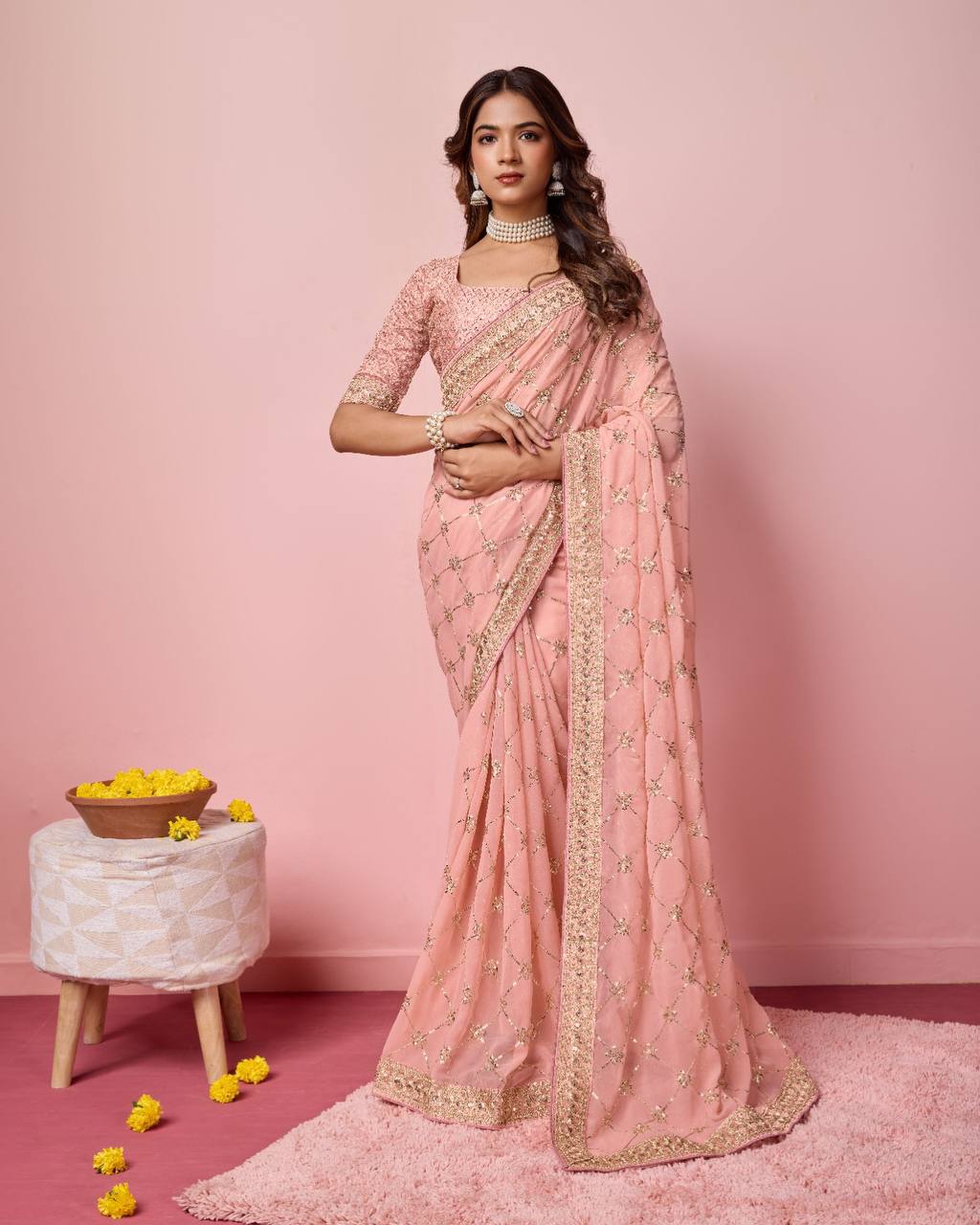 Exquisite Georgette Peach Saree with Sequin Work and Mono Banglory Silk Blouse Colorful Saree