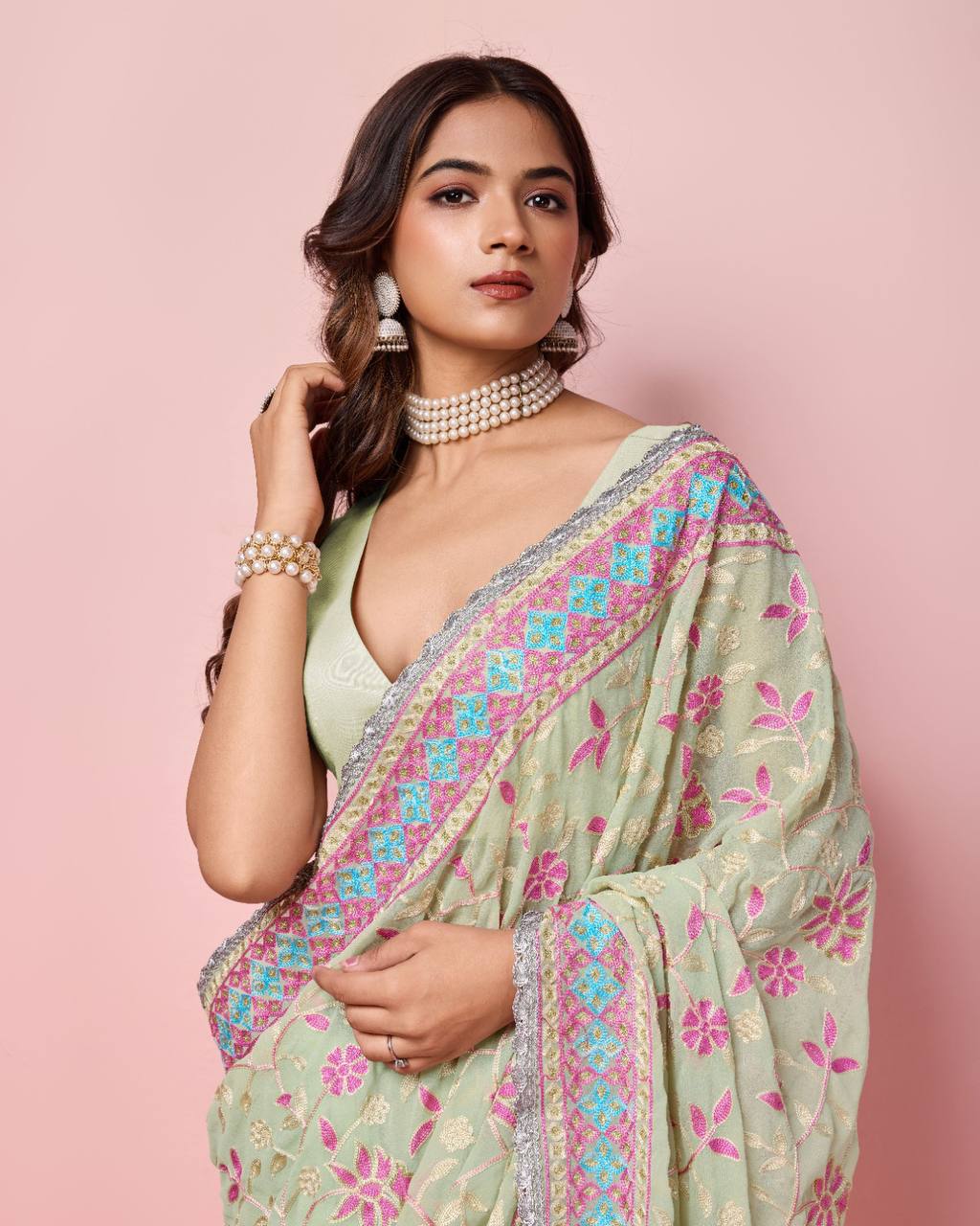 Exquisite Georgette Pista Green Saree with Kashmiri Embroidery & Mono Banglory Silk Blouse Colorful Saree