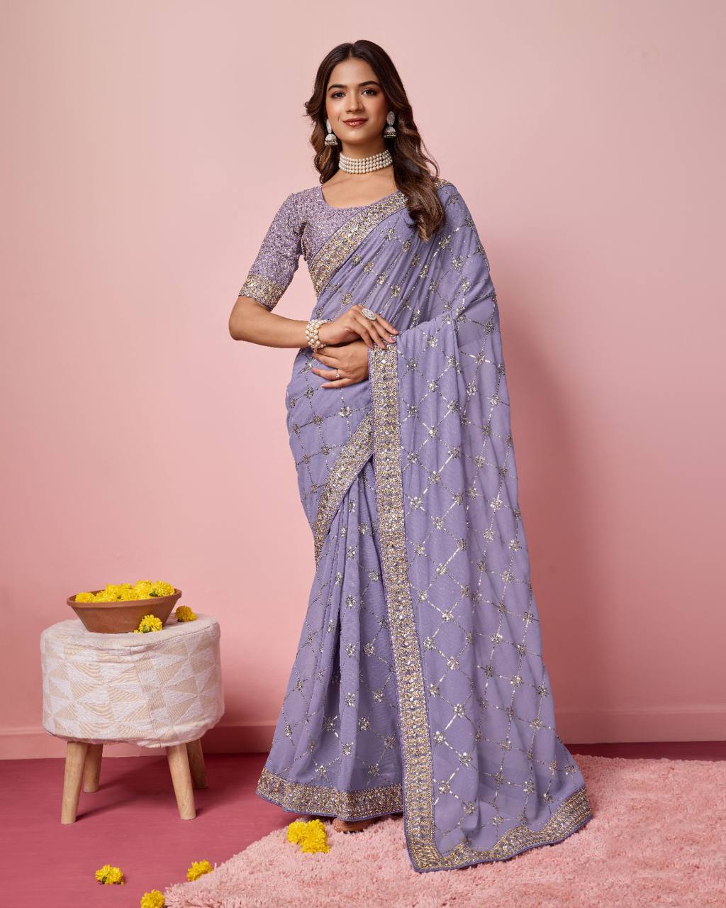 Exquisite Georgette Purple Saree with Sequin Work and Mono Banglory Silk Blouse Colorful Saree